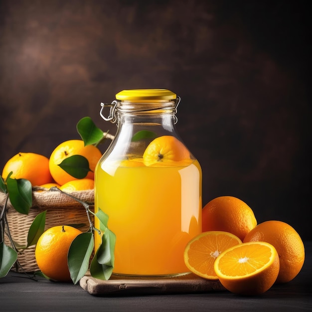 Une bouteille en verre de jus d'orange avec un couvercle jaune et un panier d'oranges.