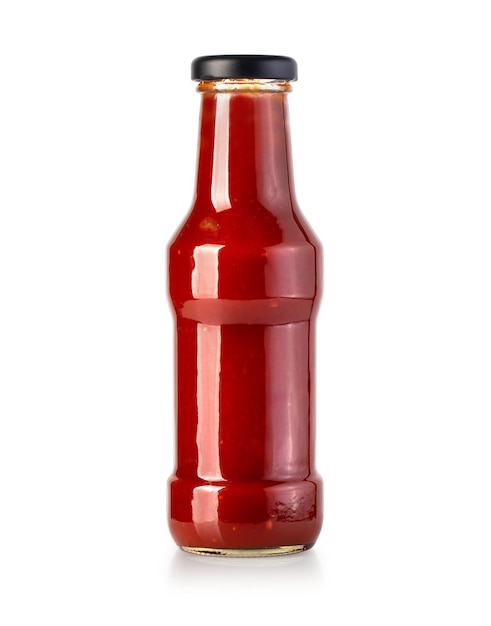 Bouteille en verre de ketchup sur fond blanc