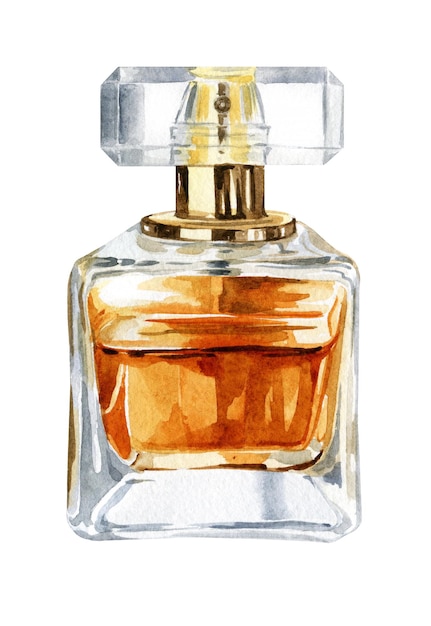 Bouteille en verre de parfum vintage doré aquarelle illustration dessinée à la main flacon de parfum transparent