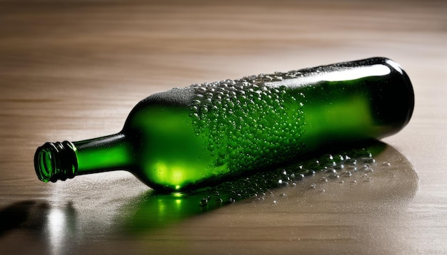 Une bouteille de verre verte avec un dessus noir et des bulles