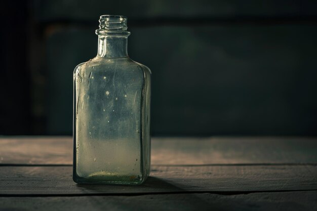 Une bouteille de verre vide est sur la table.