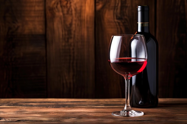 Une bouteille et un verre de vin sur fond de bois