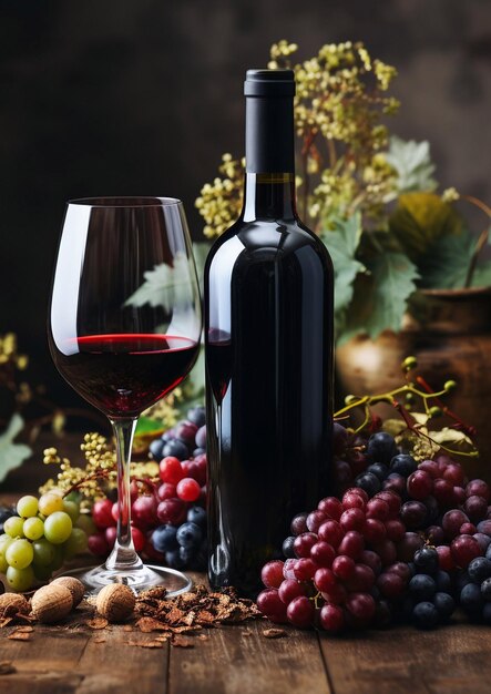 Bouteille et verre de vin rouge avec divers raisins sur une table en bois