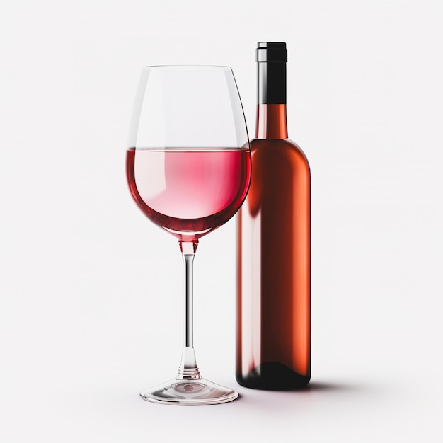 Bouteille et verre de vin rouge sur un fond blanc