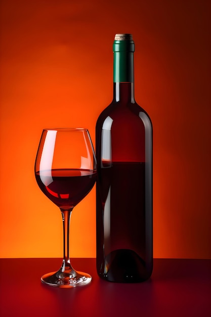 Une bouteille et un verre de vin rouge sur fond orange Generative AI