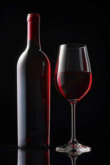 Une bouteille et un verre de vin rouge sont posés sur une table en miroir noir.