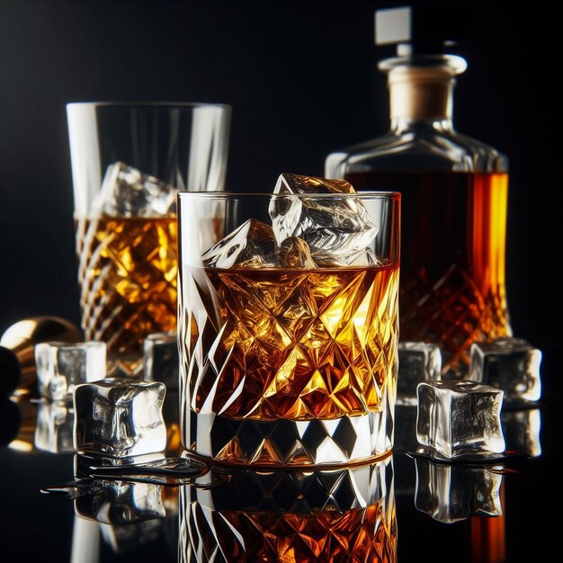 Bouteille et verre de whisky sur un fond noir