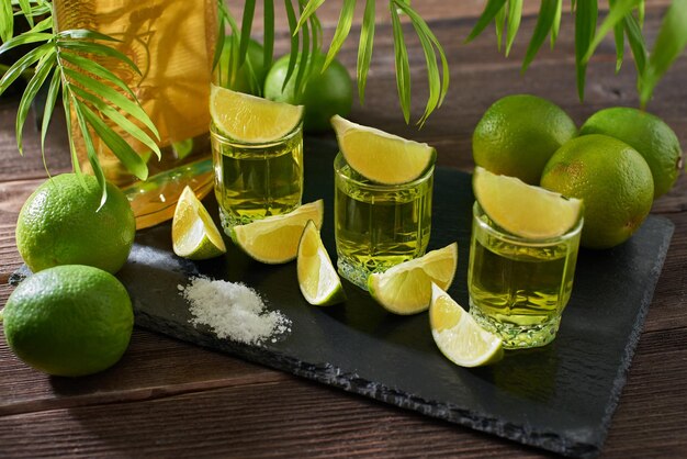 Bouteille et verres de tequila au citron vert sur une table en bois Boisson alcoolisée traditionnelle mexicaine