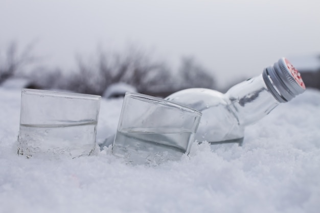 Bouteille avec verres de vodka allongé sur la glace