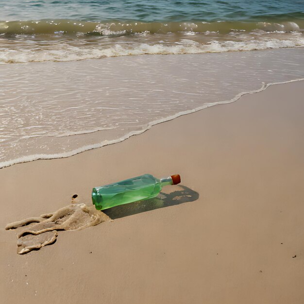 Photo une bouteille verte avec une balle rouge sur la plage