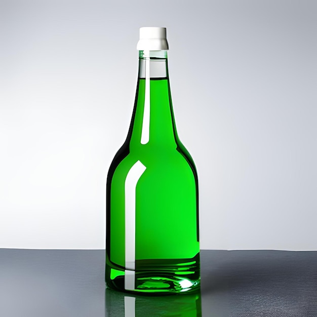 Une bouteille verte de liquide avec un bouchon blanc.