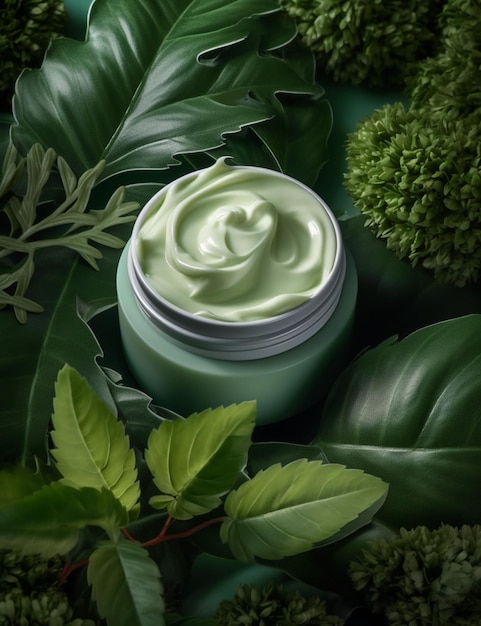 Une bouteille verte de lotion pour le corps avec une feuille verte en arrière-plan