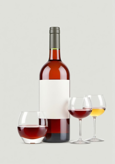 Une bouteille de vin ou d'alcool avec des verres isolés sur un fond blanc