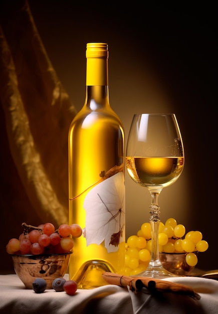 Photo bouteille de vin blanc avec des raisins sur le côté