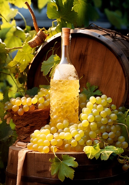 Photo bouteille de vin blanc avec des raisins sur le côté