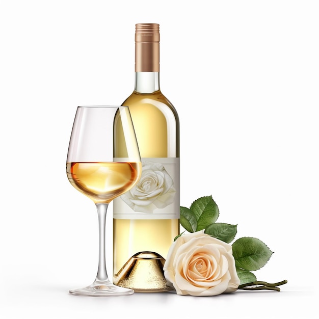 Une bouteille de vin blanc avec un verre de vin à côté.