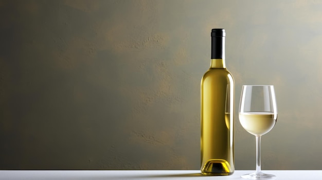 Photo bouteille de vin blanc et de verre de vin sur une table grise espace vide pour la copie