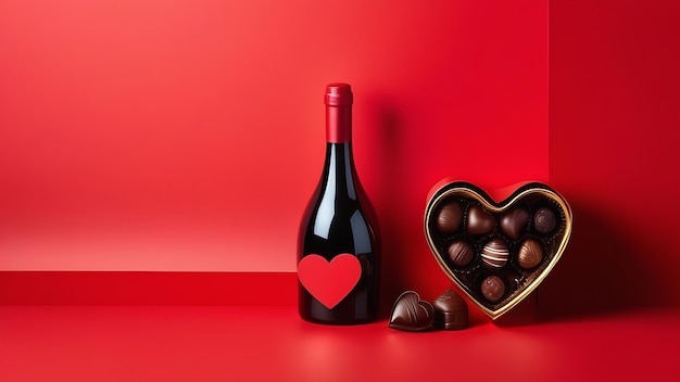 Photo une bouteille de vin et une boîte de chocolats sur un fond rouge concept de vacances