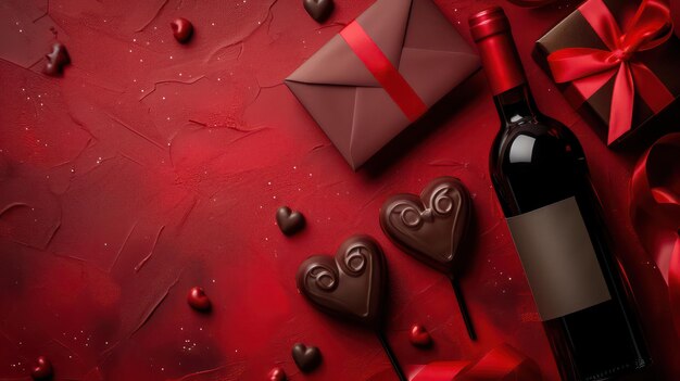 Bouteille de vin et de bonbons au chocolat sur fond rouge célébration de la fête de la Saint-Valentin