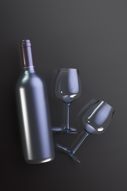 Une bouteille de vin cher avec deux verres sont sur la table.