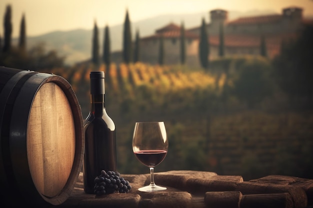 Une bouteille de vin à côté d'un tonneau et un verre de vin.