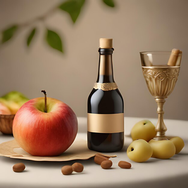 Photo une bouteille de vin à côté d'un verre de vin et une assiette avec de la nourriture dessus