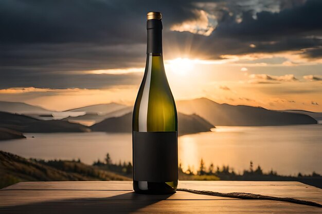 Une bouteille de vin avec un coucher de soleil en arrière-plan