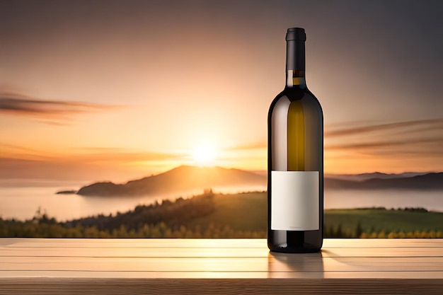 Une bouteille de vin avec un coucher de soleil en arrière-plan