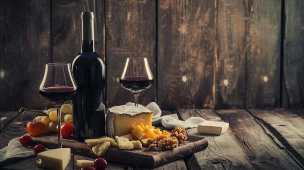 Une bouteille de vin et deux verres de vin sur une table en bois.