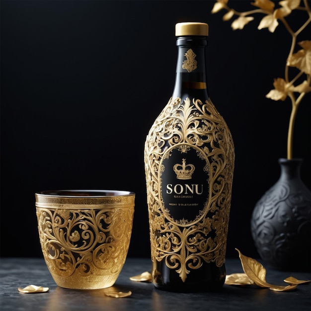 bouteille de vin dorée bouteelle de vin royale avec verre ai générer des images