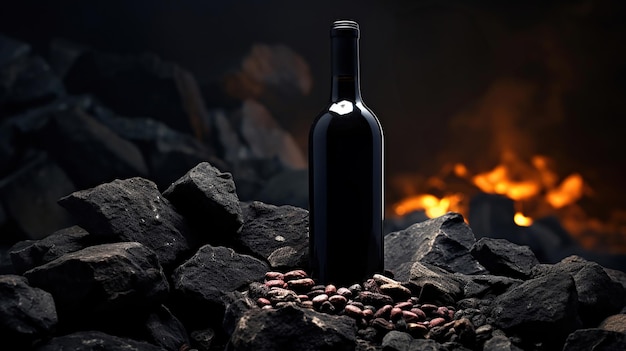 Une bouteille de vin sur du charbon Generative Ai