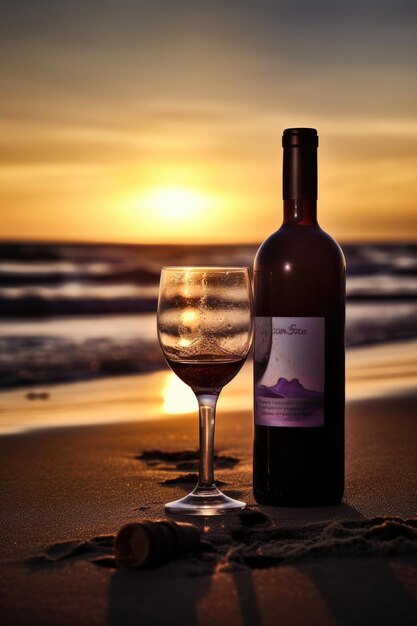 Une bouteille de vin est sur le sable à côté d'un verre de vin