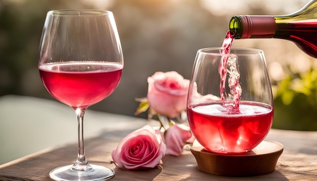 une bouteille de vin est versée dans un verre avec une rose et une rose