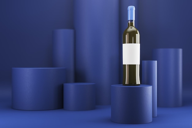 Bouteille de vin avec étiquette vide sur fond bleu Publicité et marque liqor et concept de boisson Rendering 3D