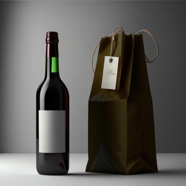 Bouteille de vin avec étiquette vide et maquette de sac