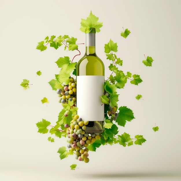 Bouteille de vin avec des feuilles autour et un fond blanc