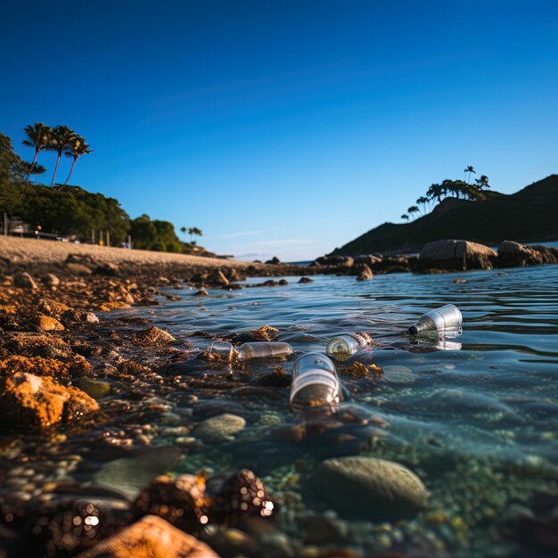 Photo une bouteille de vin flotte dans l'eau avec une plage en arrière-plan