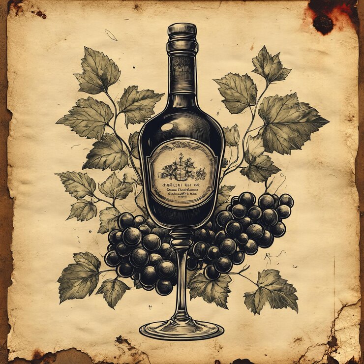 Photo bouteille de vin et raisins sur un vieux fond de papier illustration dessinée à la main