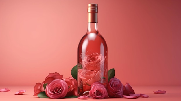 Une bouteille de vin avec une rose sur le fond ai générative