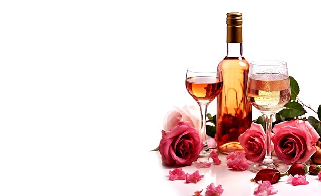 Une bouteille de vin rosé sans étiquette deux verres et un bouquet romantique de fleurs sur fond blanc