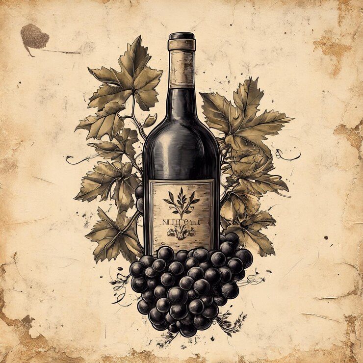 Photo bouteille de vin rouge avec un bouquet de raisins sur un vieux fond de papier