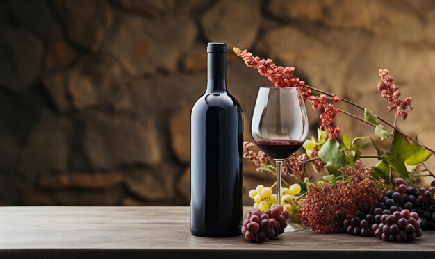 Bouteille de vin rouge classique en blanc étiquette mate raisins sur table en bois