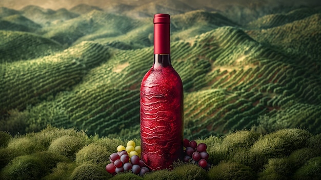 Une bouteille de vin rouge devant un paysage de vignes