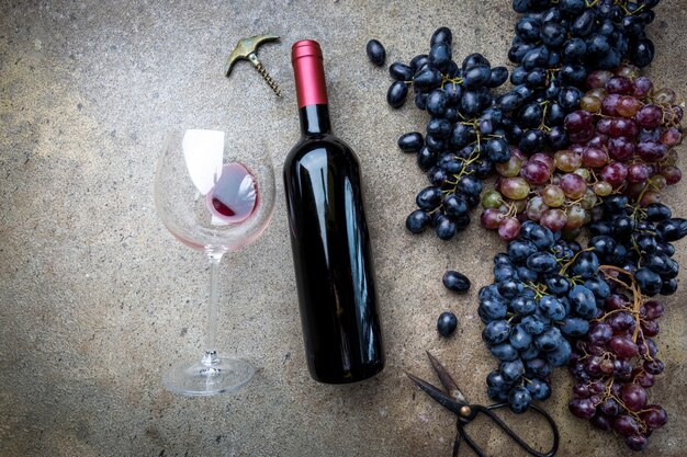 Une bouteille de vin rouge avec du verre et des raisins sur une pierre grise