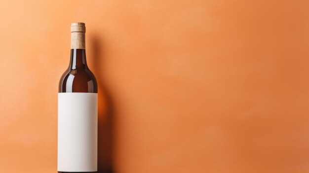 Bouteille de vin rouge avec étiquette vierge sur fond orange avec espace de copie