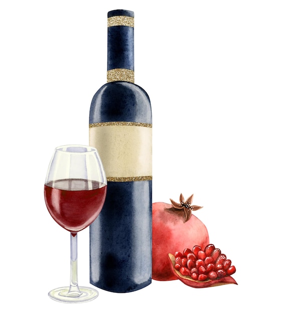 Bouteille de vin rouge grenade aquarelle et verre avec illustration de fruits entiers et de tranches pour la cave