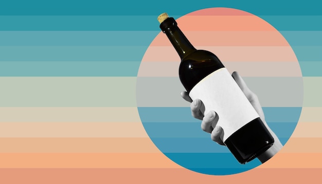 Bouteille de vin rouge à la main avec une étiquette de texture blanche sur un concept de collage couleurs contemporaines et