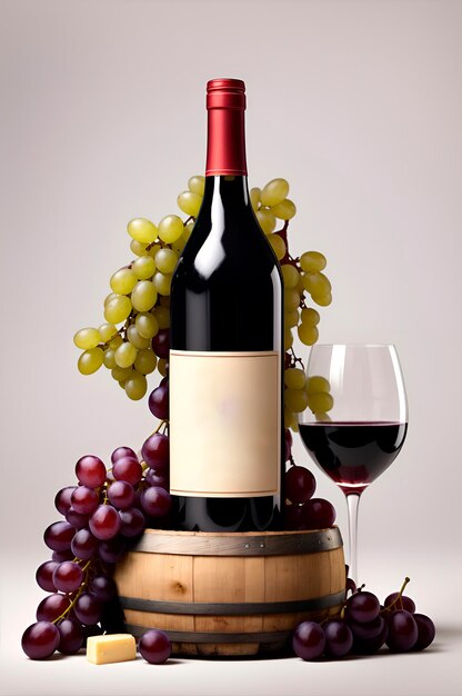 une bouteille de vin rouge avec des raisins et du fromage autour d'elle sur le dessus d'un baril avec un fond blanc