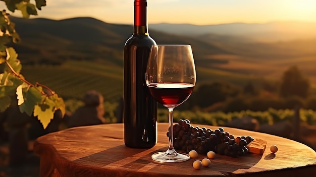 Photo bouteille de vin rouge et verre à vin sur baril de vodden beau fond de toscane