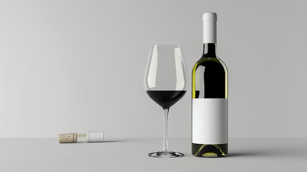 Une bouteille de vin rouge et un verre de vin sur un fond blanc La bouteille a une étiquette blanche Le verre de vin est vide